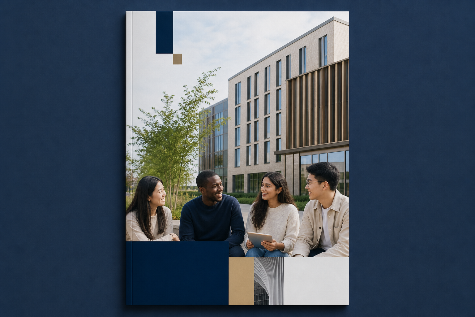 Editorial-style digital brochure cover preview for University of East Anglia with campus imagery and clean academic typography