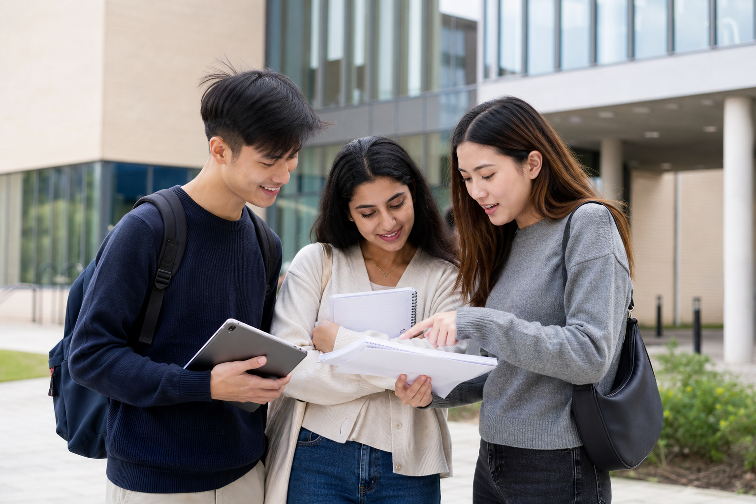 Three international undergraduate-age students discussing coursework with notebooks outdoors in front of a modern UK campus building