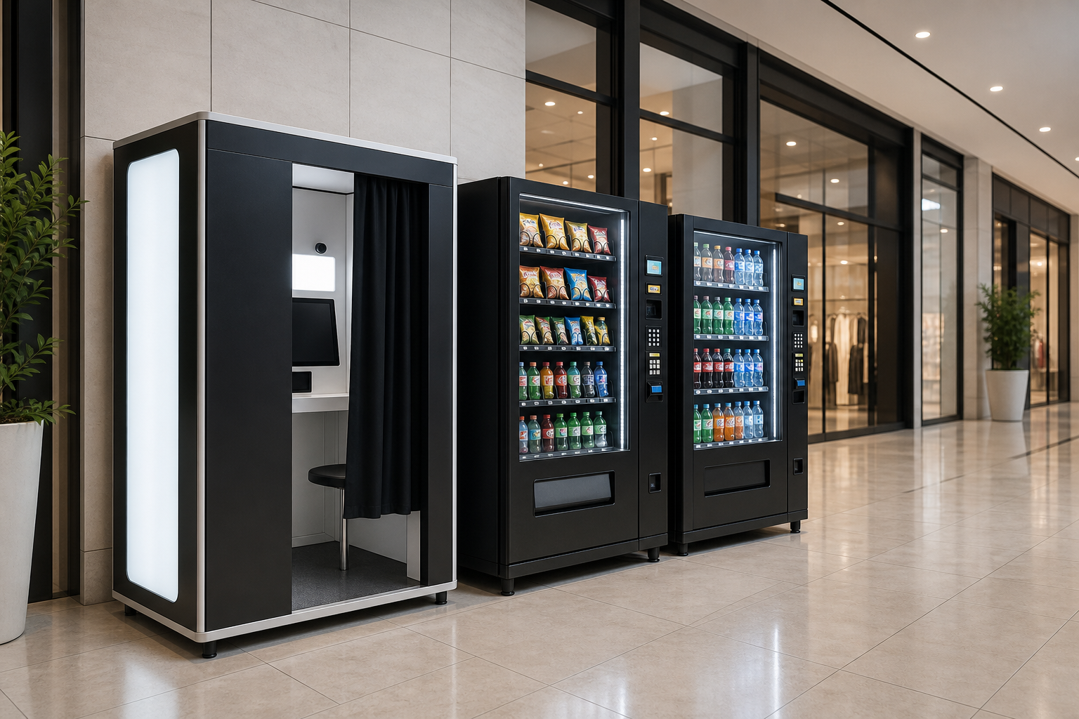 Polished commercial interior with venue-ready equipment placement including a modern camera booth and vending machines in a mall-style corridor