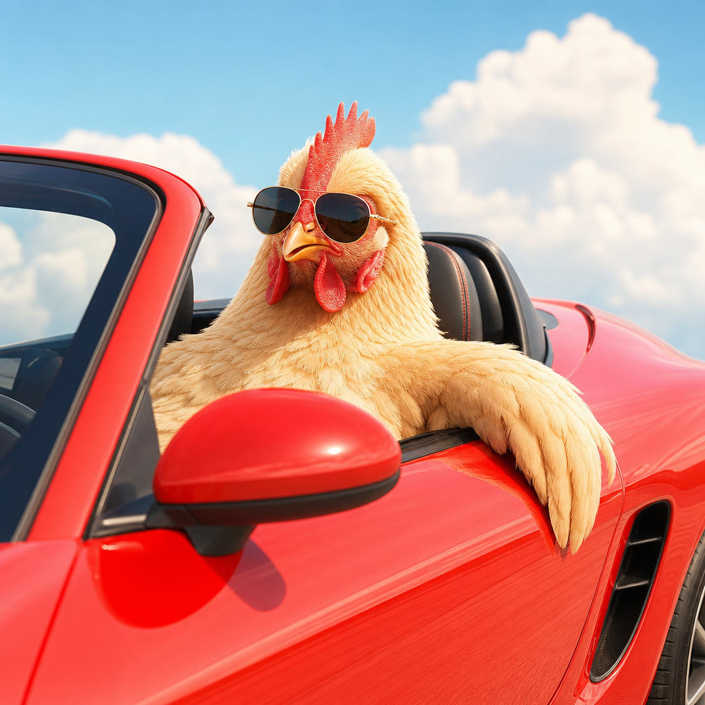 A proud, fluffy chicken lounging in a bright red sports car, wearing tiny sunglasses, with playful, meme-like energy