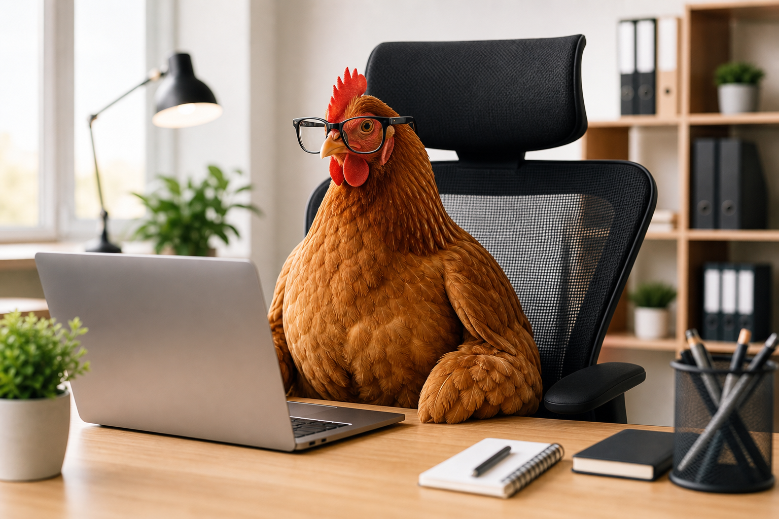 A fluffy brown chicken perched in a black ergonomic office chair at a tidy desk
