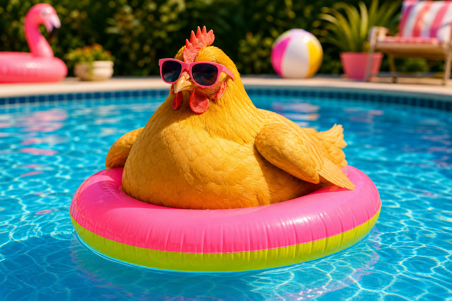A golden chicken floating in a bright blue swimming pool on a neon pool ring
