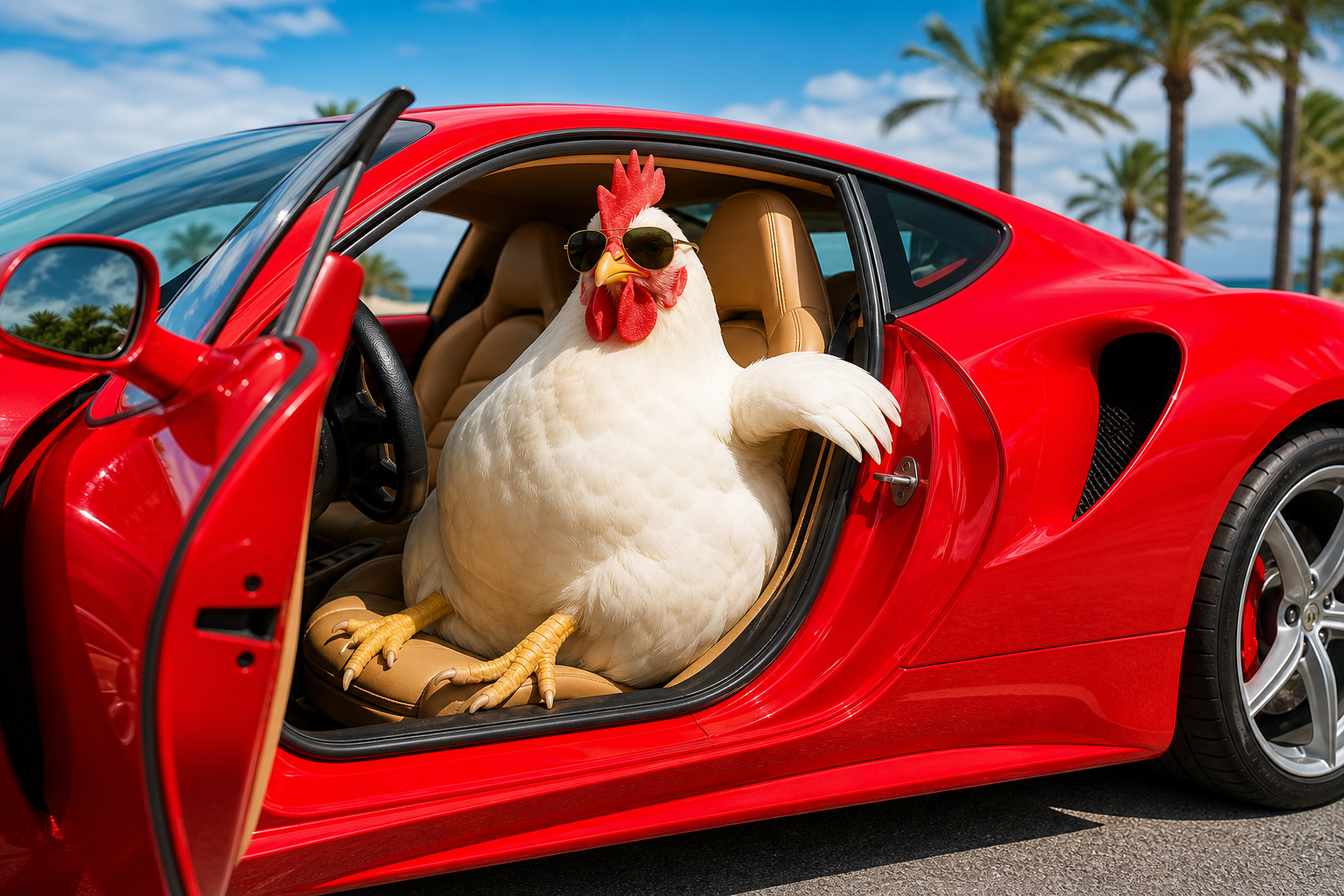 A plump white chicken confidently sitting in a cherry-red sports car with the door open