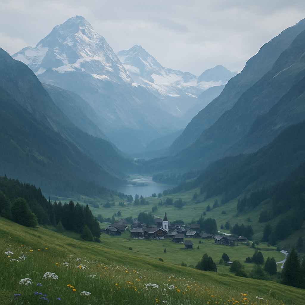Alpine peaks with snow-capped mountains, pristine alpine meadows, and mountain villages nestled in valleys