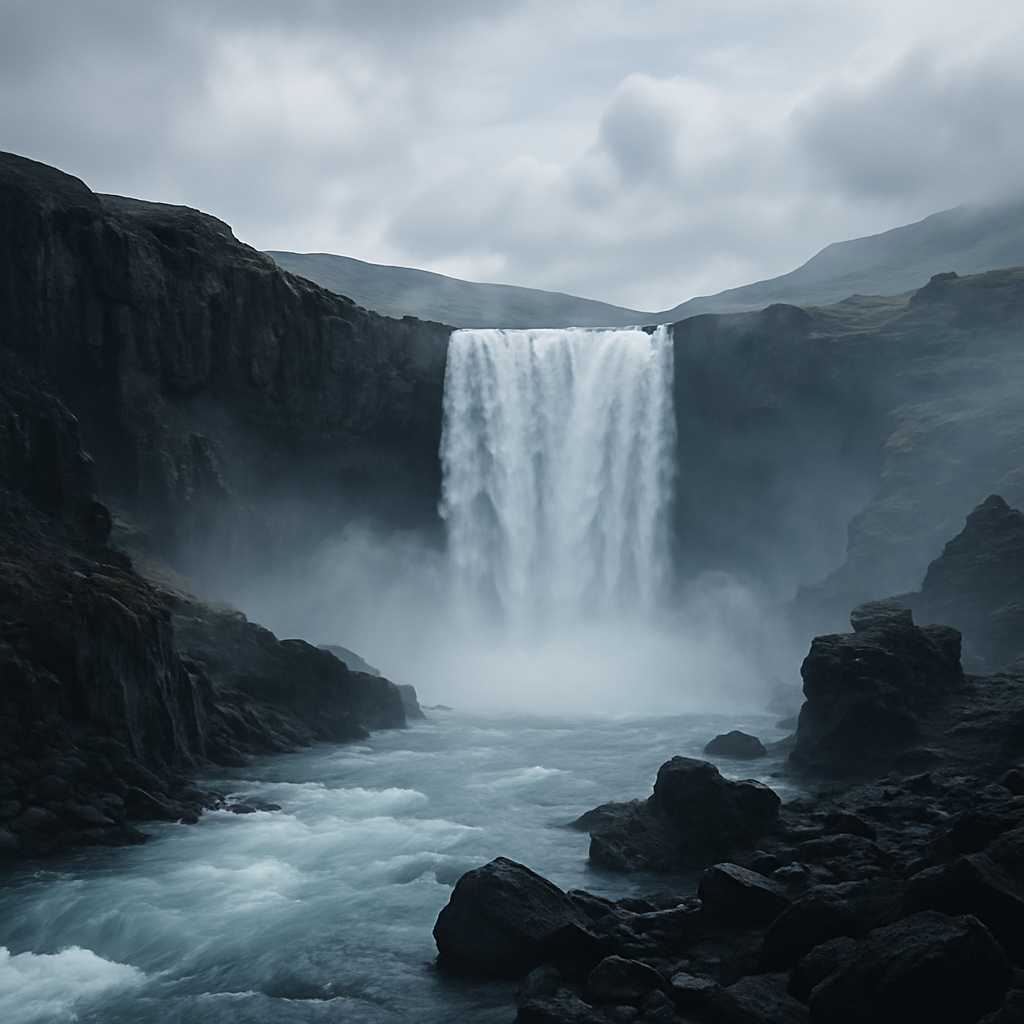 Iceland landscape with misty waterfalls cascading down dark lava cliffs and glacial rivers