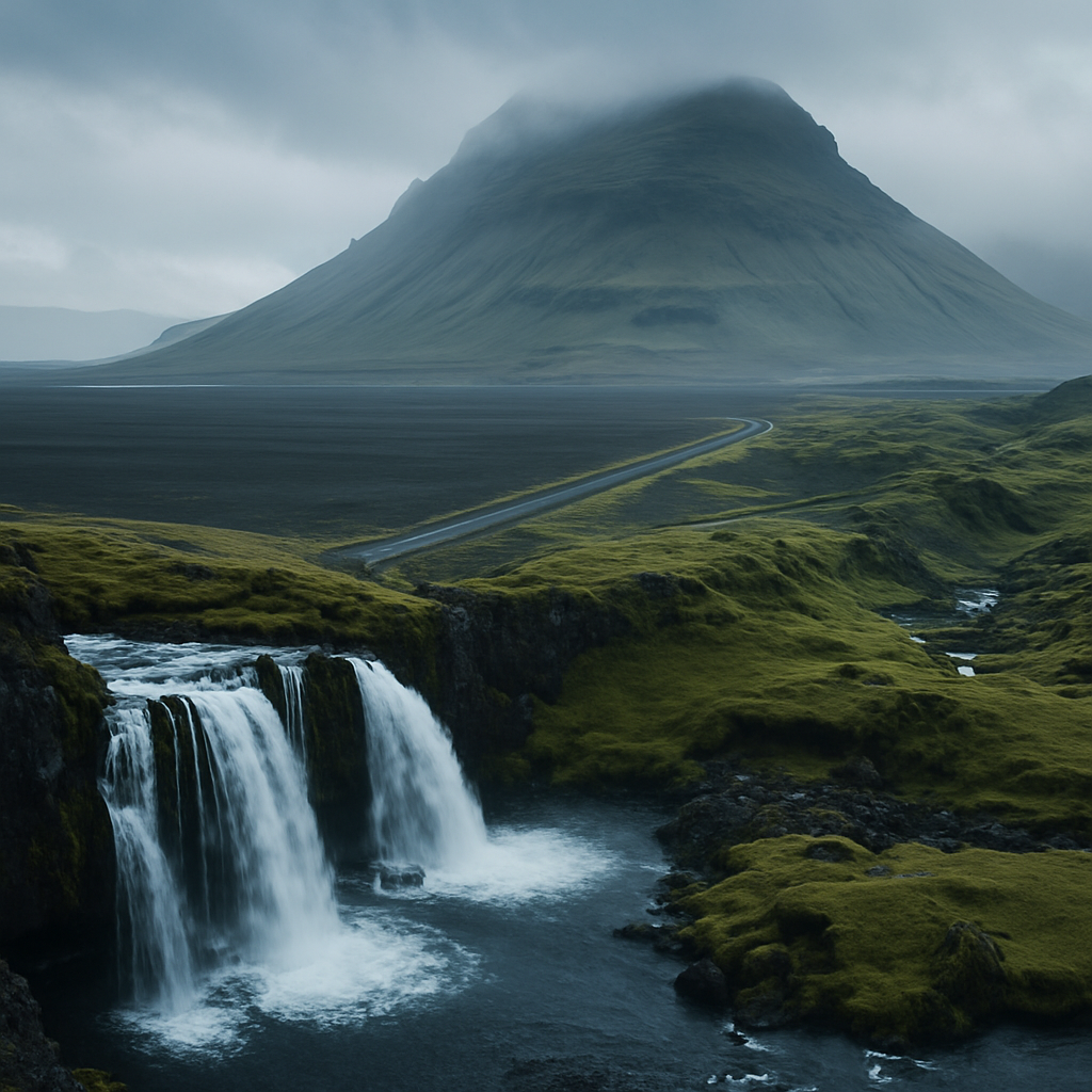 Iceland Ring Road landscape with volcanic terrain and waterfalls