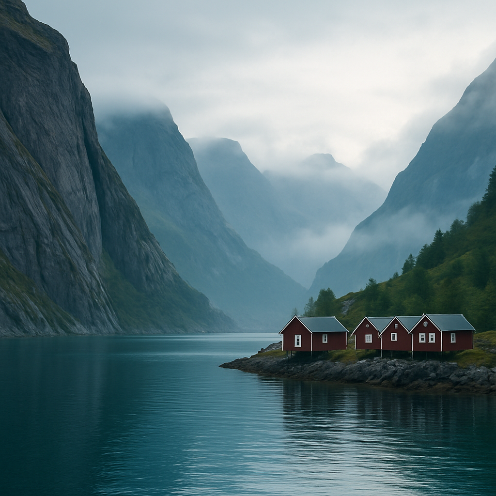 Norway dramatic fjords with steep granite cliffs, emerald waters, and misty mountains with traditional red wooden cabins