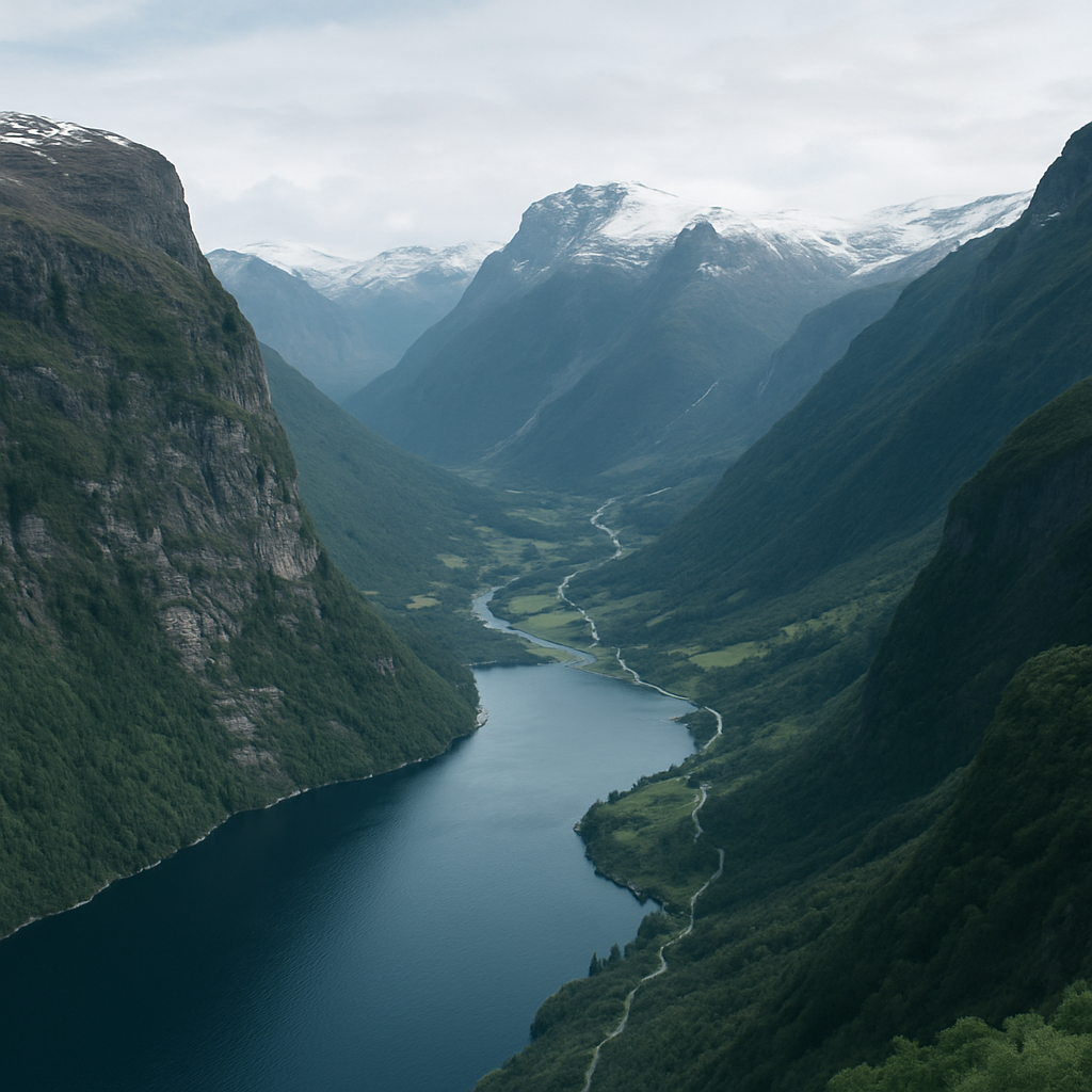 Norway Flåm Railway with steep fjord cliffs and scenic valley views