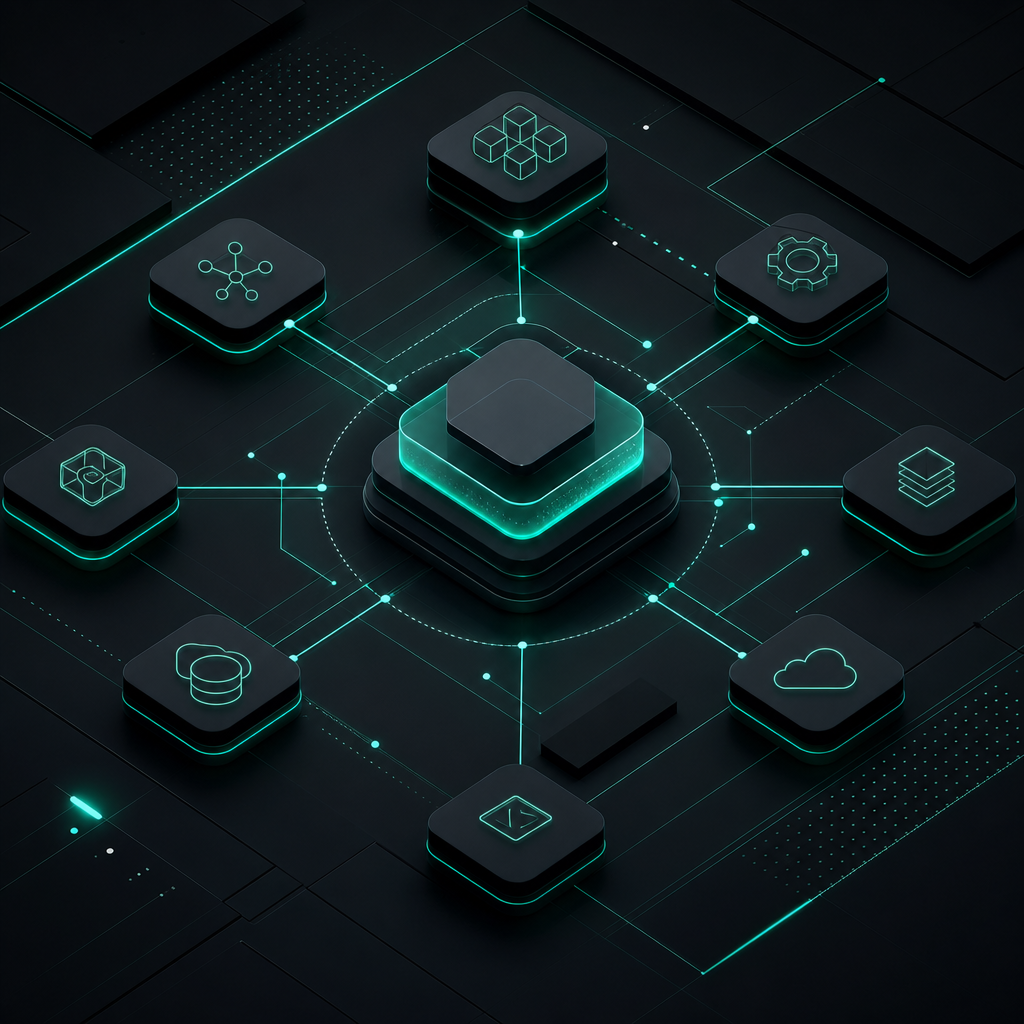 Abstract API lattice with interconnected teal circuits and modular service blocks