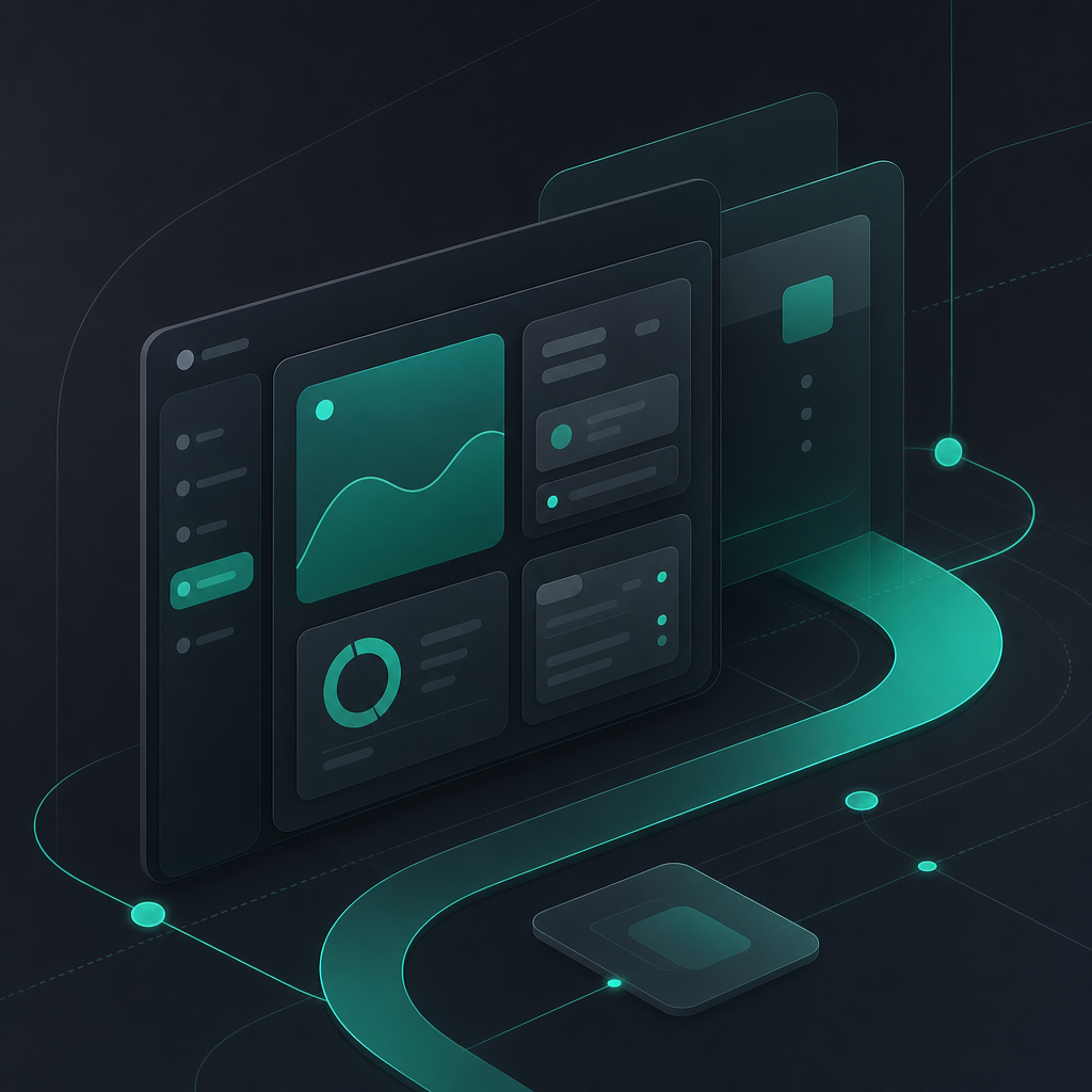 Minimal abstract portal interface with layered cards and curved teal pathways