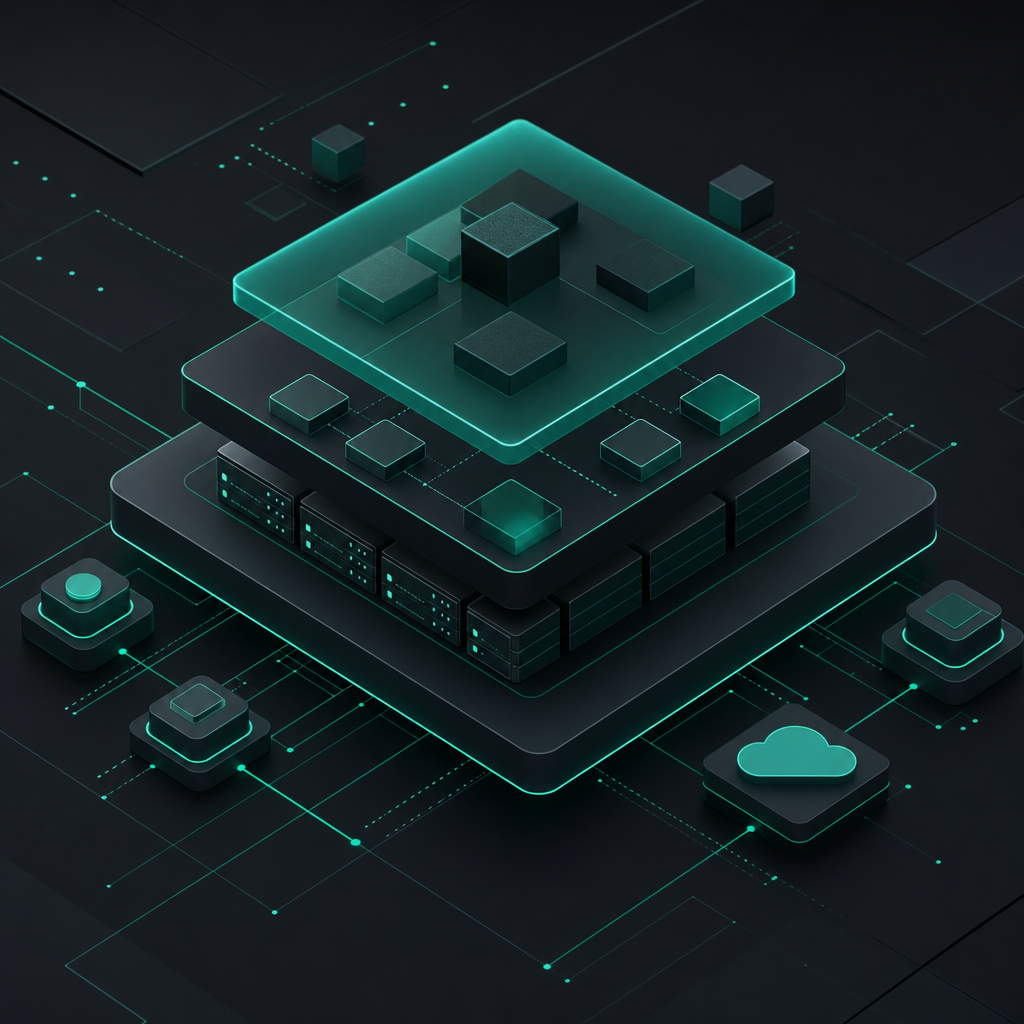 Abstract layered teal and charcoal blocks forming a stylized fintech platform architecture diagram