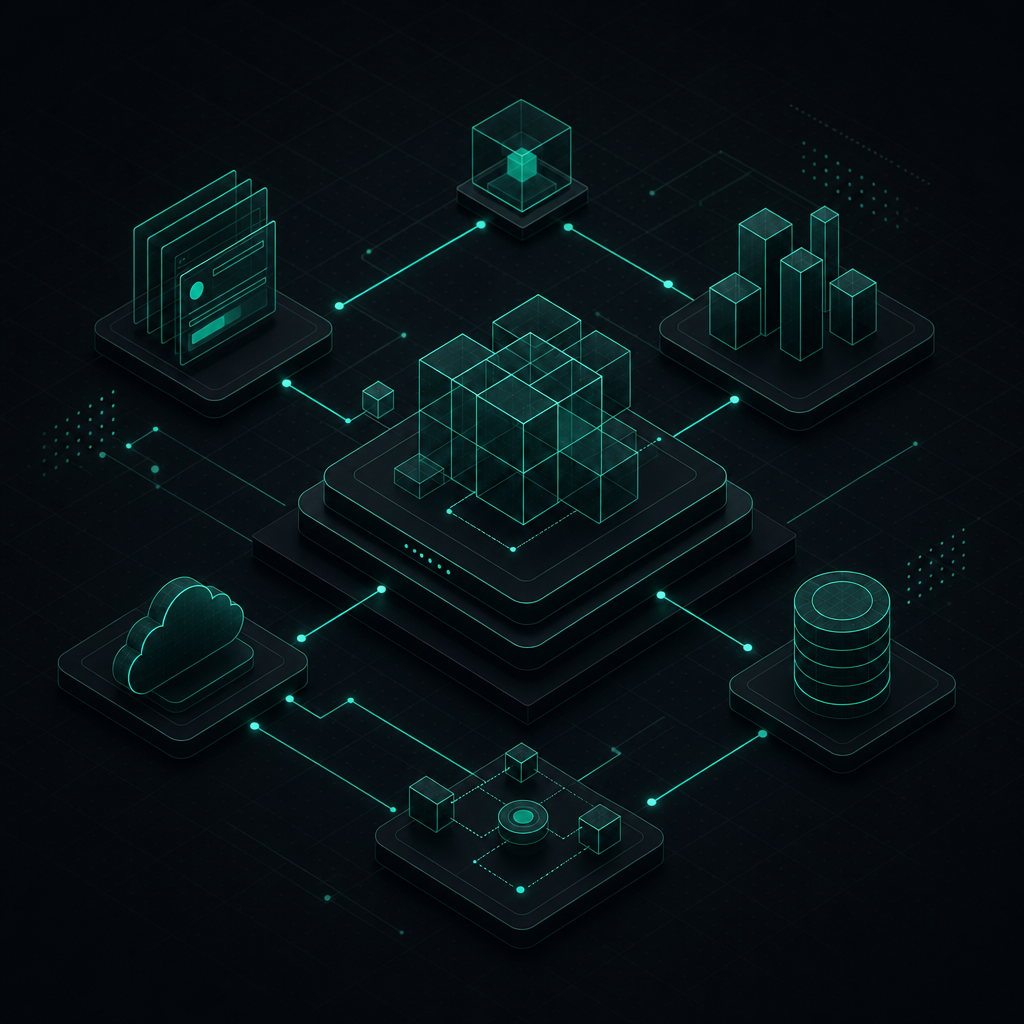 Abstract isometric architecture diagram composed of teal wireframe blocks, nodes, and connector lines on a dark technical grid background.