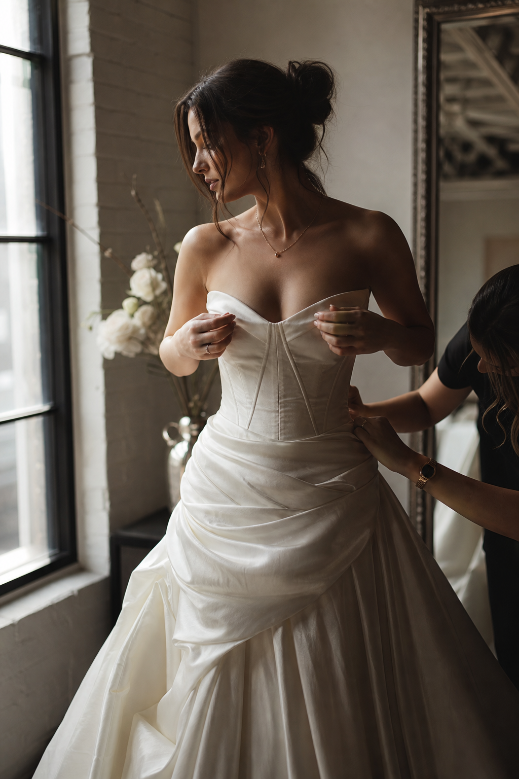 Behind-the-scenes bridal preparation moment with a bride adjusting her gown near a softly lit window