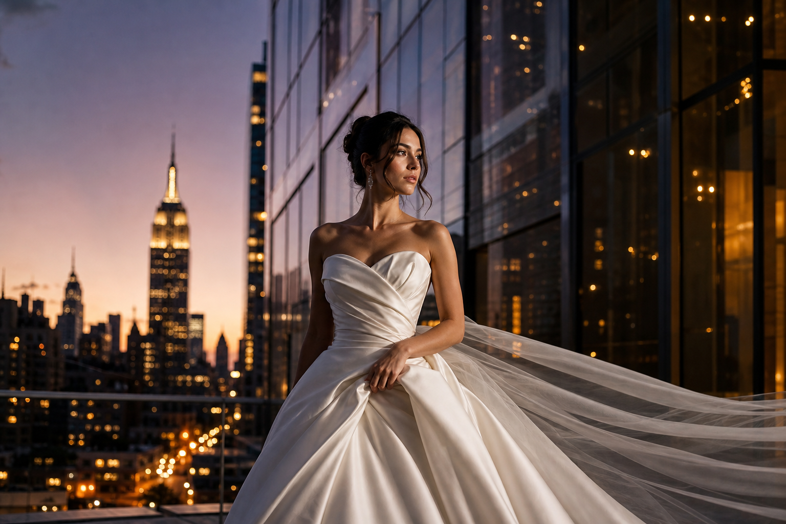 City editorial bridal portrait set against luminous Manhattan evening architecture