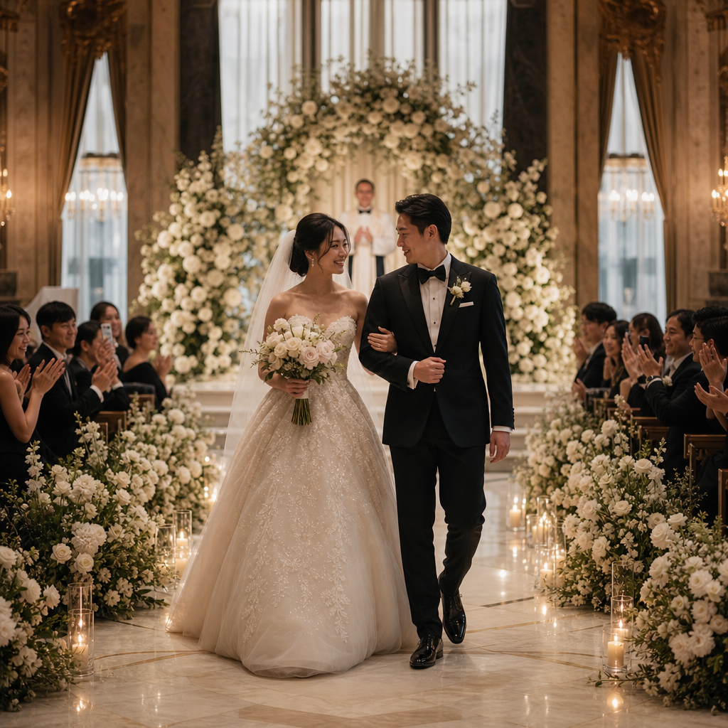 Classic ceremony aisle scene with refined composition and timeless wedding styling