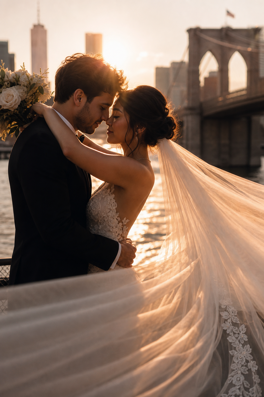Golden-hour romance portrait with warm sunset haze and flowing bridal movement