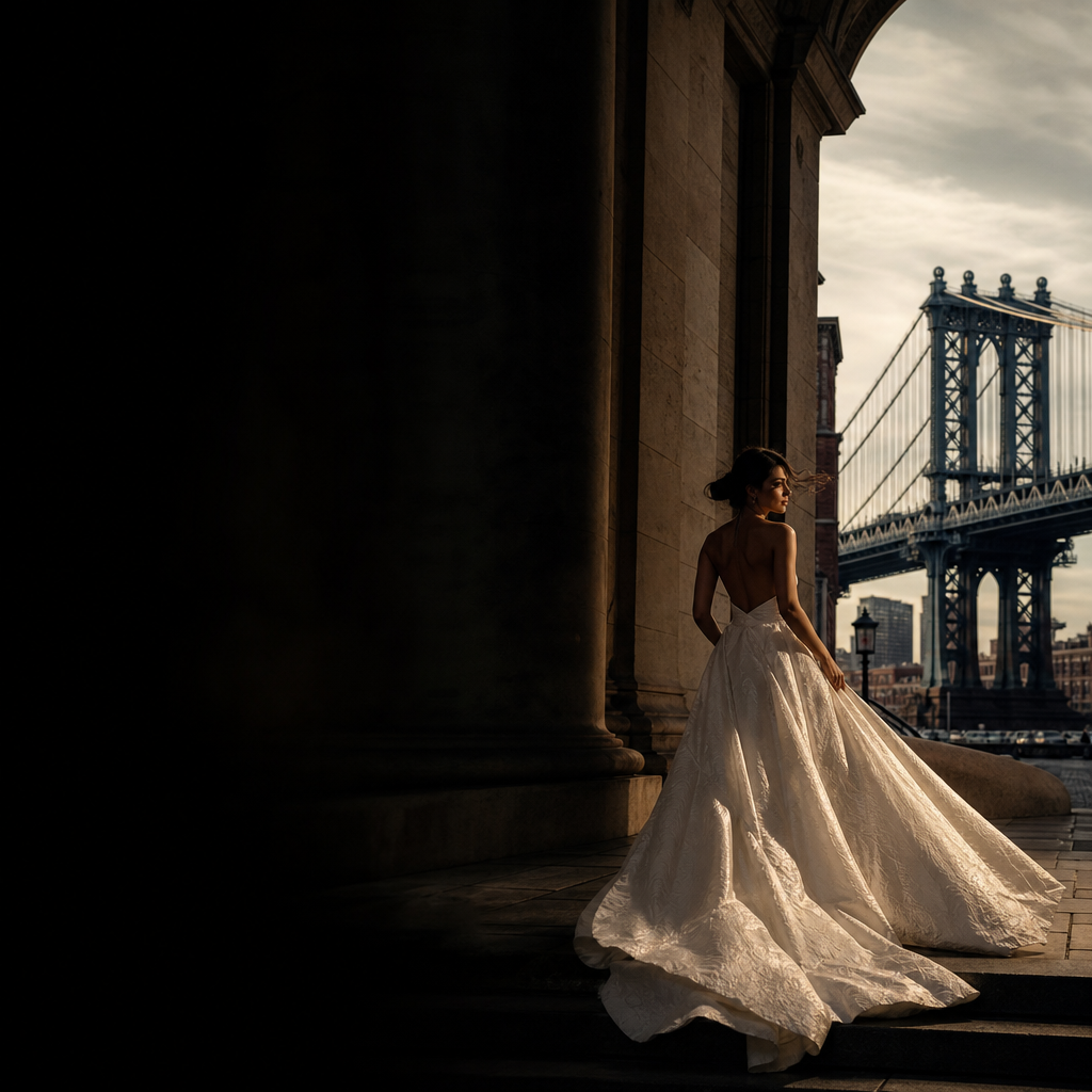 Cinematic bridal portrait of an elegant bride in a couture gown near a Brooklyn brownstone window with soft evening light and romantic atmosphere