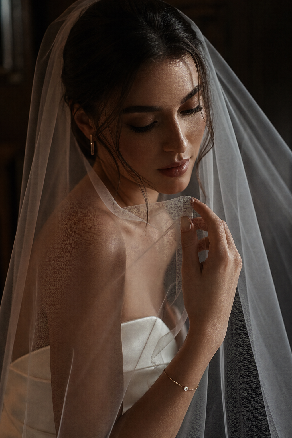 Intimate bridal close portrait in softly lit studio with silk veil texture