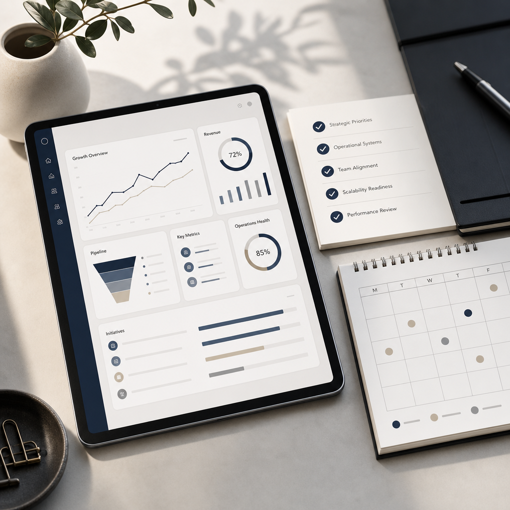 Clean operations dashboard mockup with aligned checklists and a subtle cadence calendar