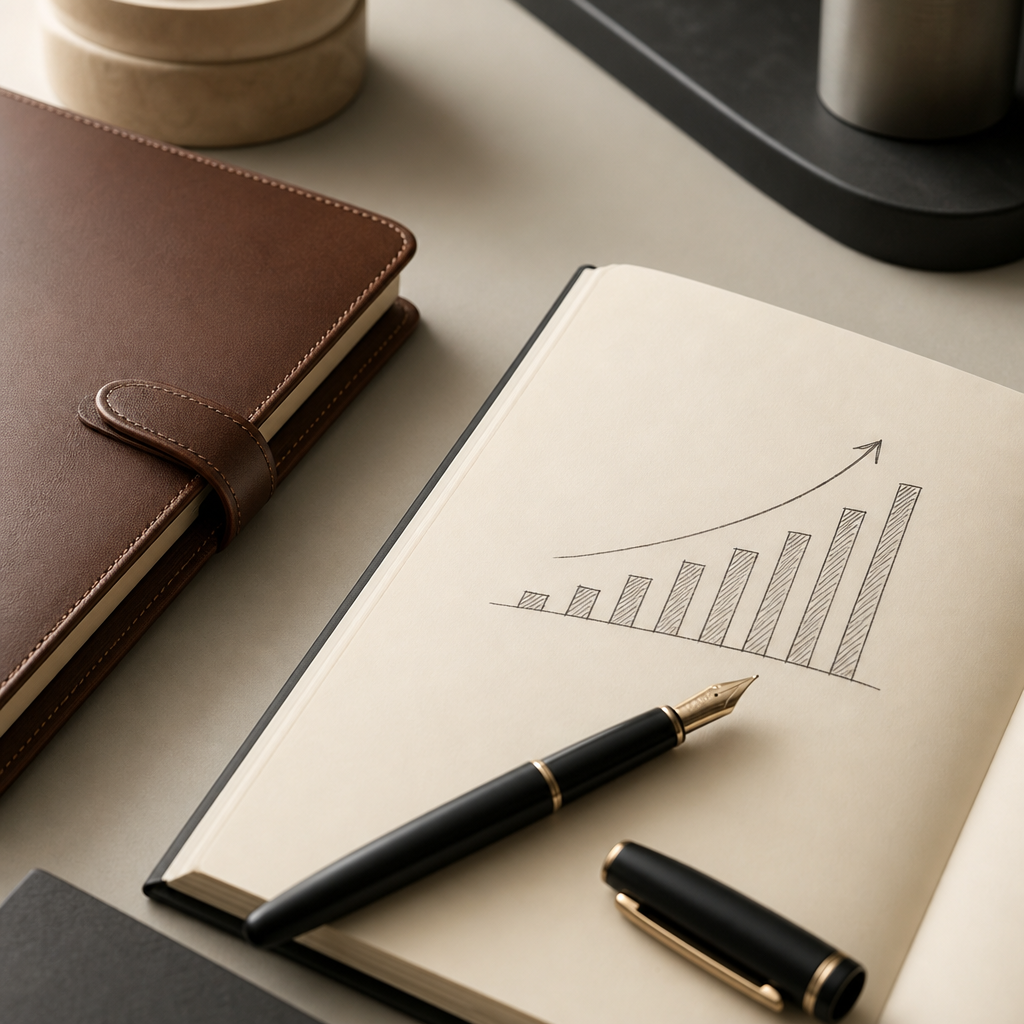 Minimal business consulting workspace with a leather notebook, fountain pen, and a subtle growth chart sketch