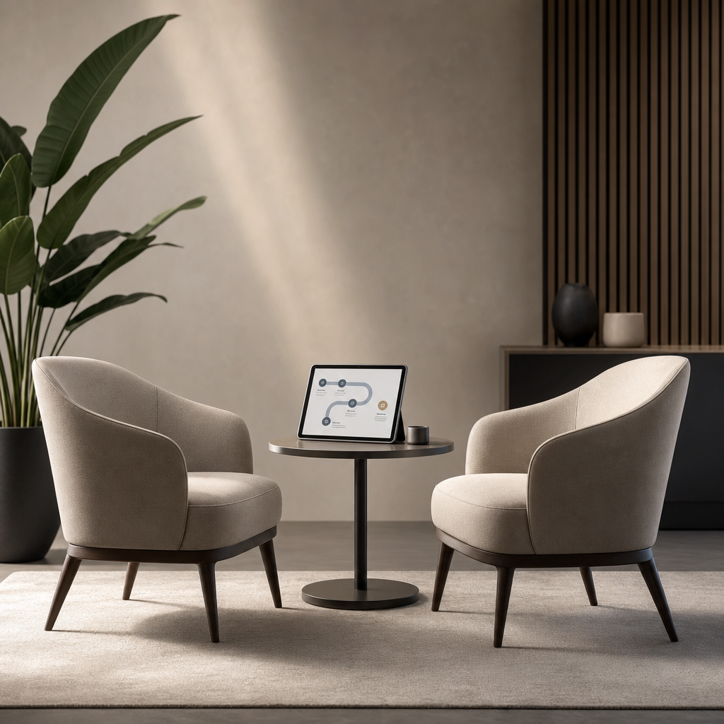 Refined mentoring scene with two modern chairs, a small side table, and a tablet showing a leadership roadmap