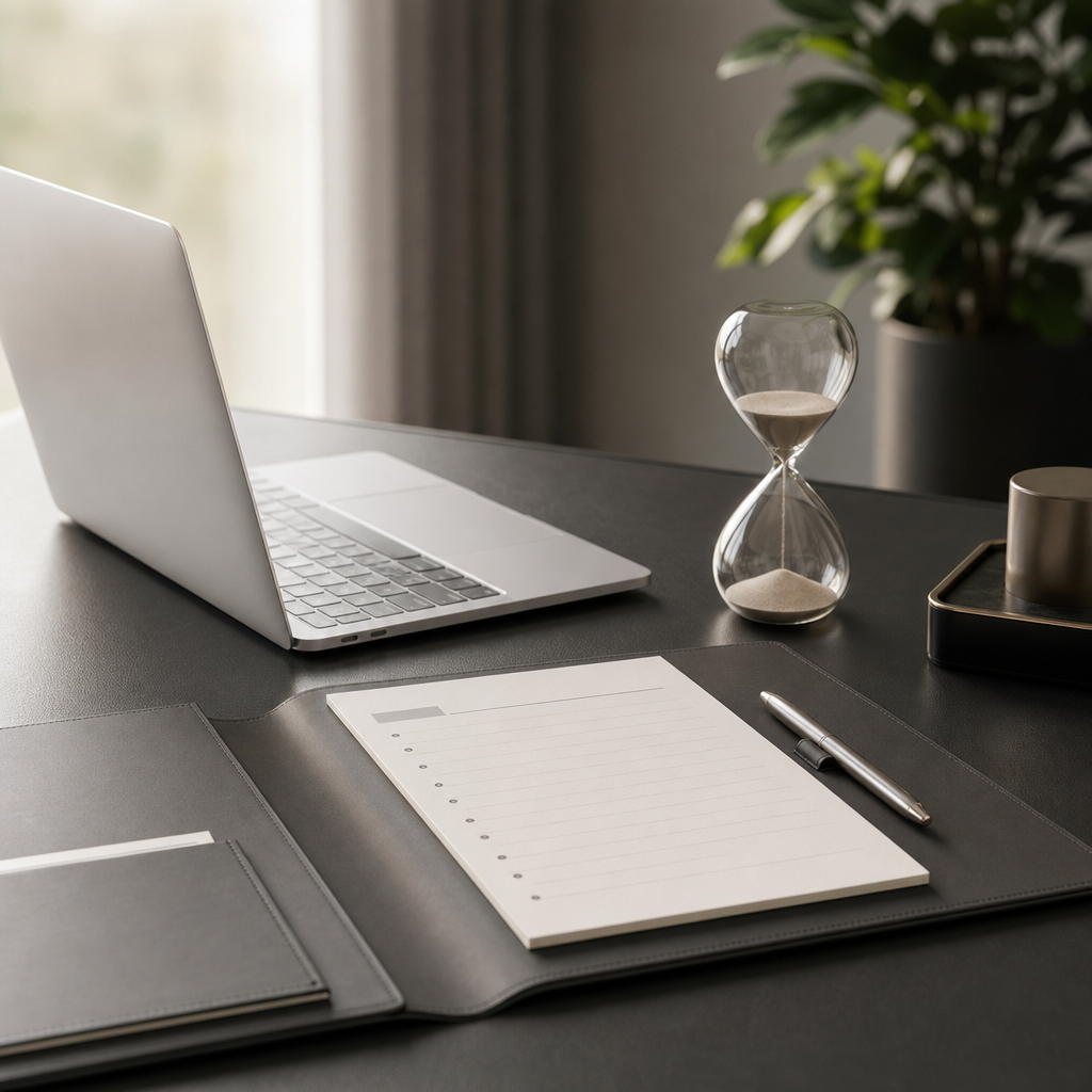 Executive desk scene with a slim laptop, structured agenda page, and a small hourglass