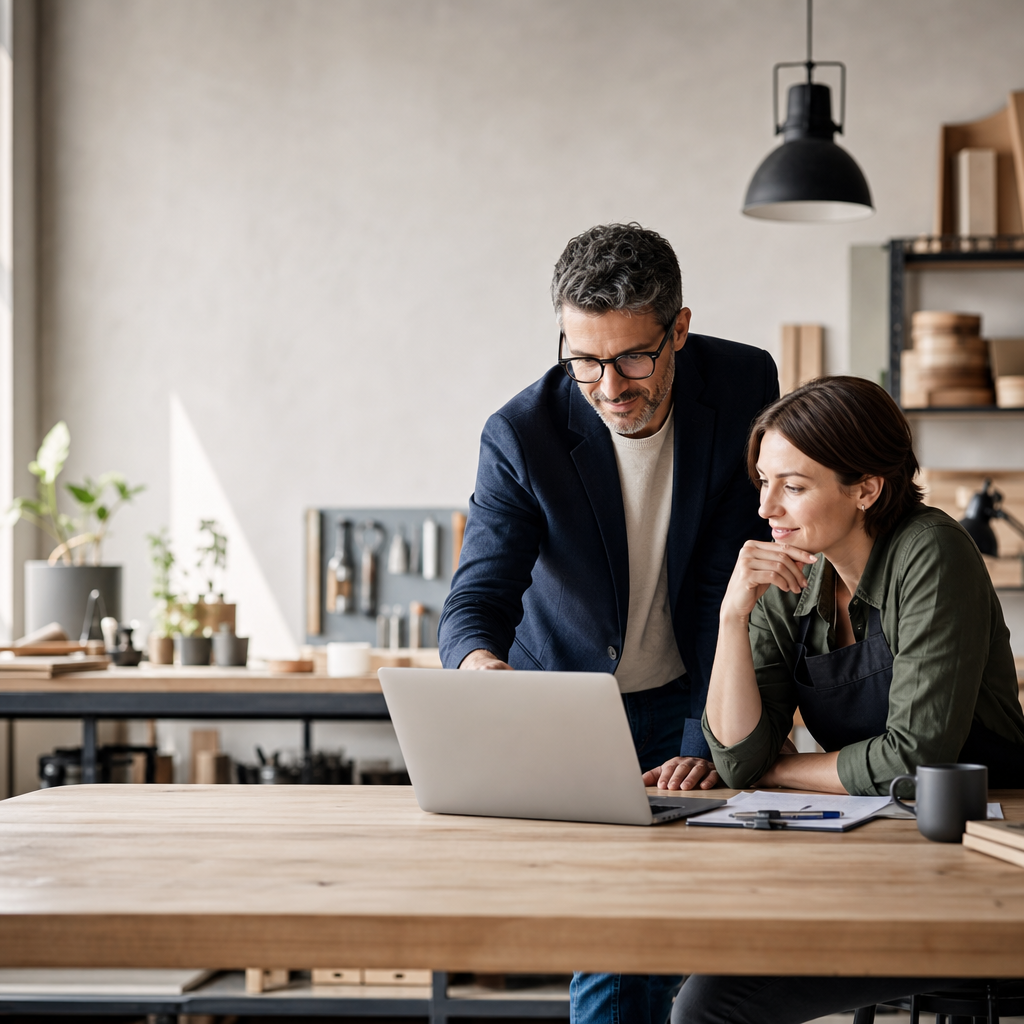 A composed executive mentor in a modern studio, wearing a charcoal blazer and light shirt, standing beside a workspace with minimalist notebooks and a laptop, conveying calm leadership and strategic focus.