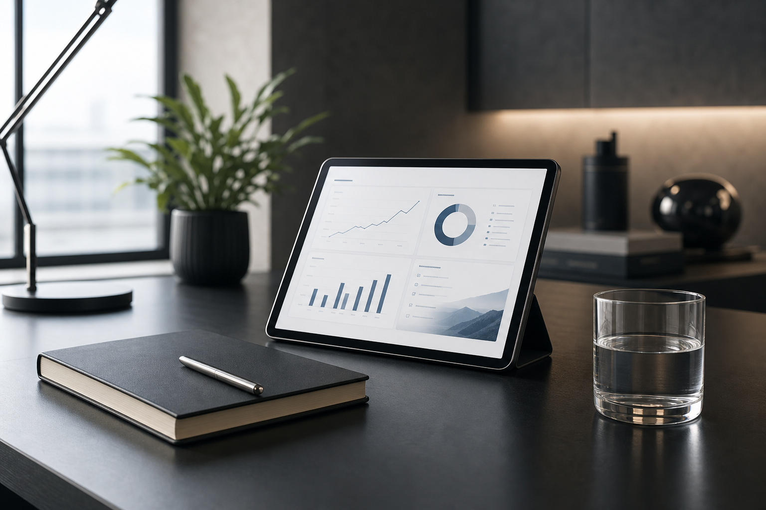 Premium consulting workspace with layered strategic materials and subtle dashboard-style visuals.