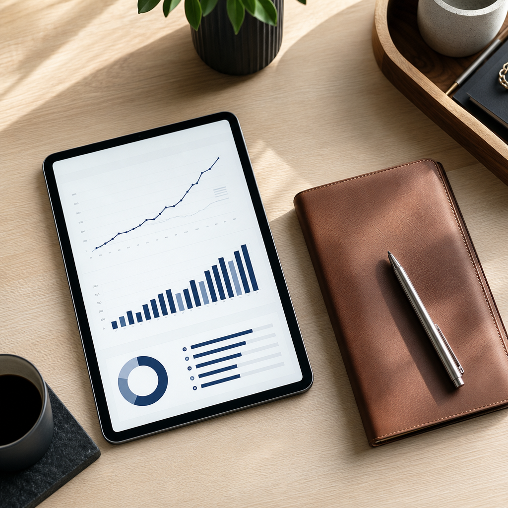 Refined overhead view of a founder desk with a tablet showing growth charts, a leather notebook, and pen.