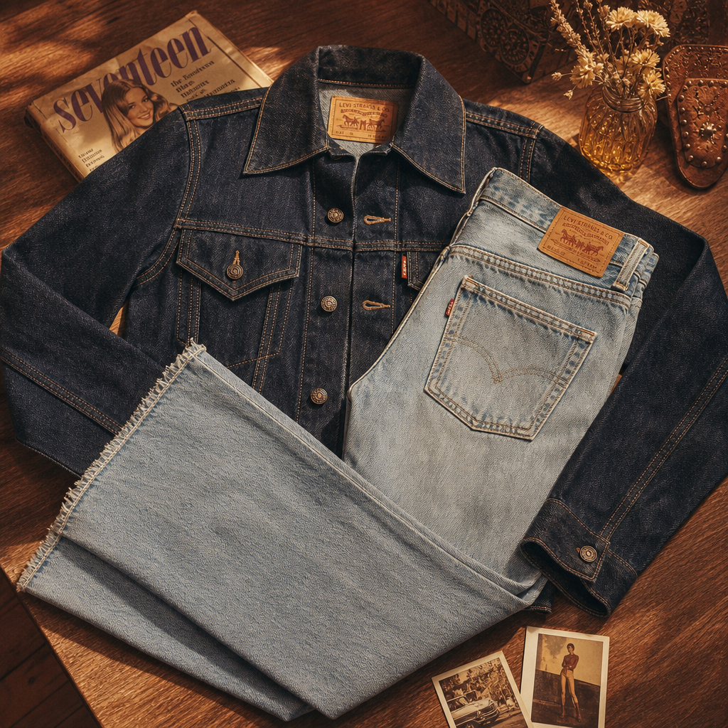 Editorial flat-lay of a dark indigo vintage denim jacket layered with a light-wash flared jean, film grain texture, warm sunlight, 1970s boutique vibe