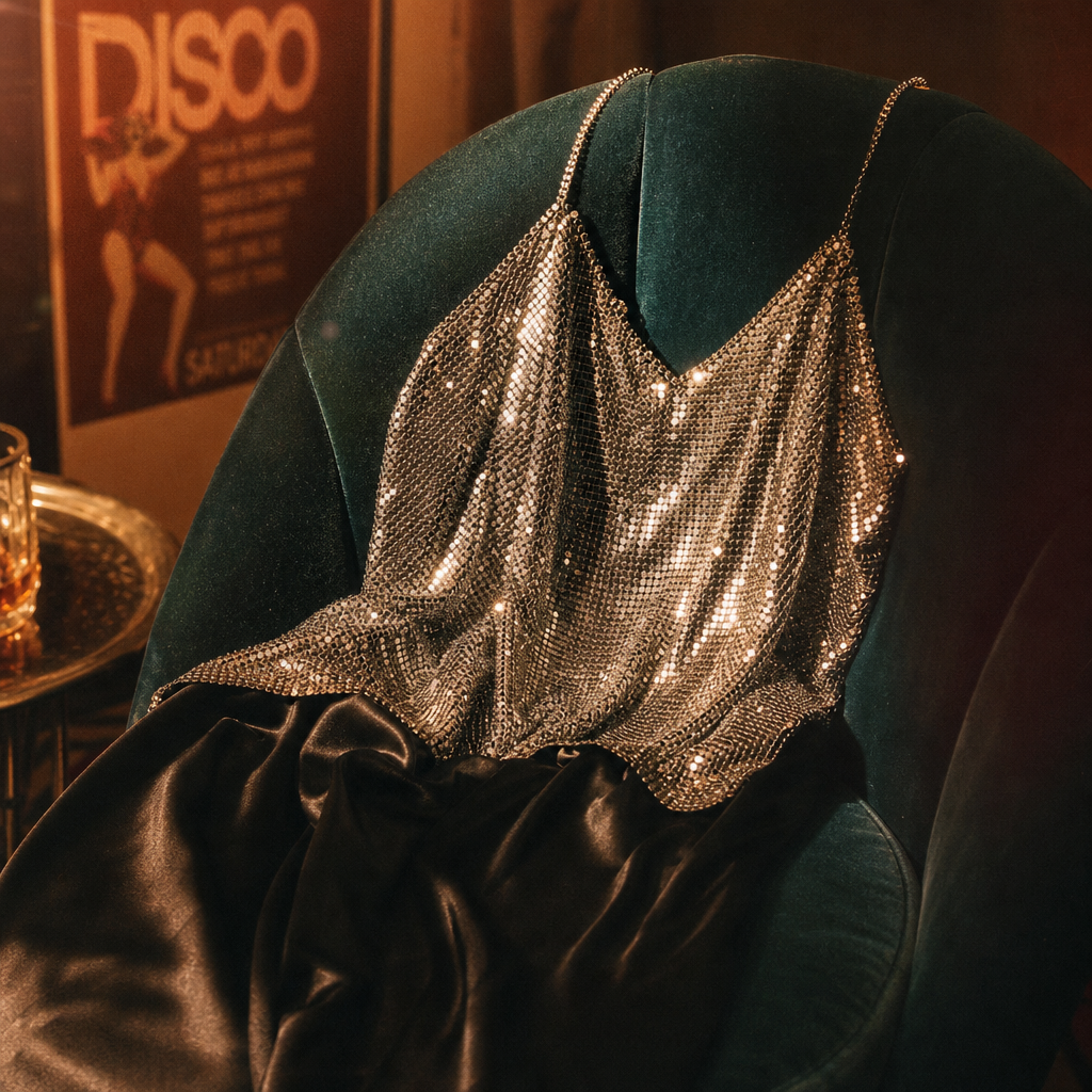 Cinematic close-up of a silver sequin vintage camisole and black satin skirt on a velvet chair, warm amber lighting, 1980s disco editorial