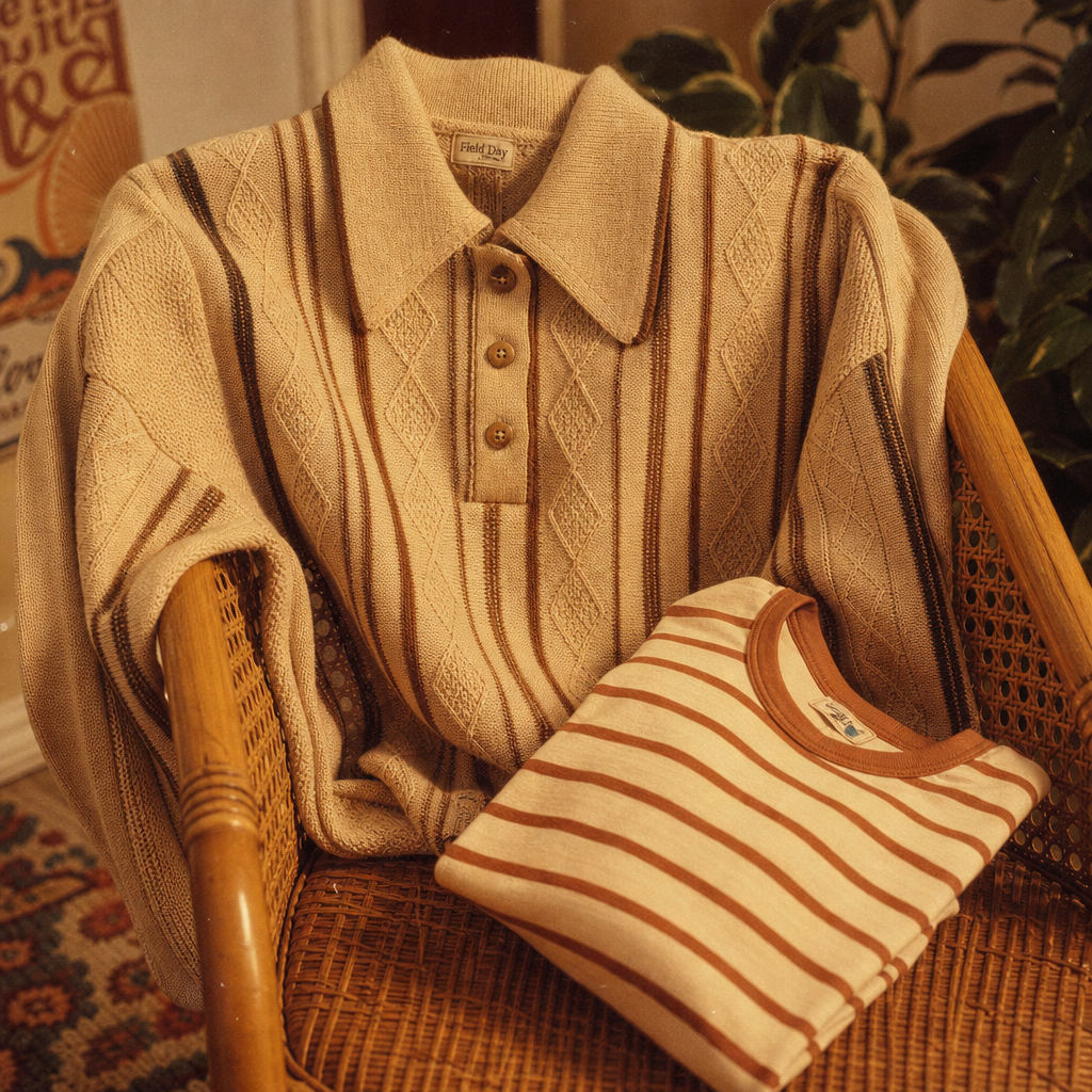 Warm film photo of a beige retro sweater draped over a rattan chair with a striped tee folded beside it, cozy boutique styling, 1970s color tones