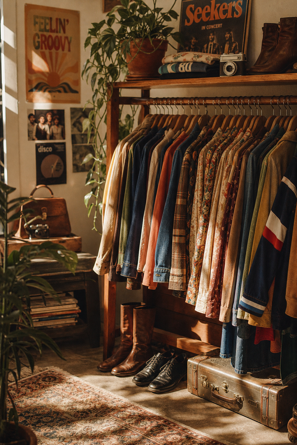 Warmly lit vintage clothing atelier with a wooden rack of 70s and 80s garments, sun-faded tones, and a cozy editorial atmosphere