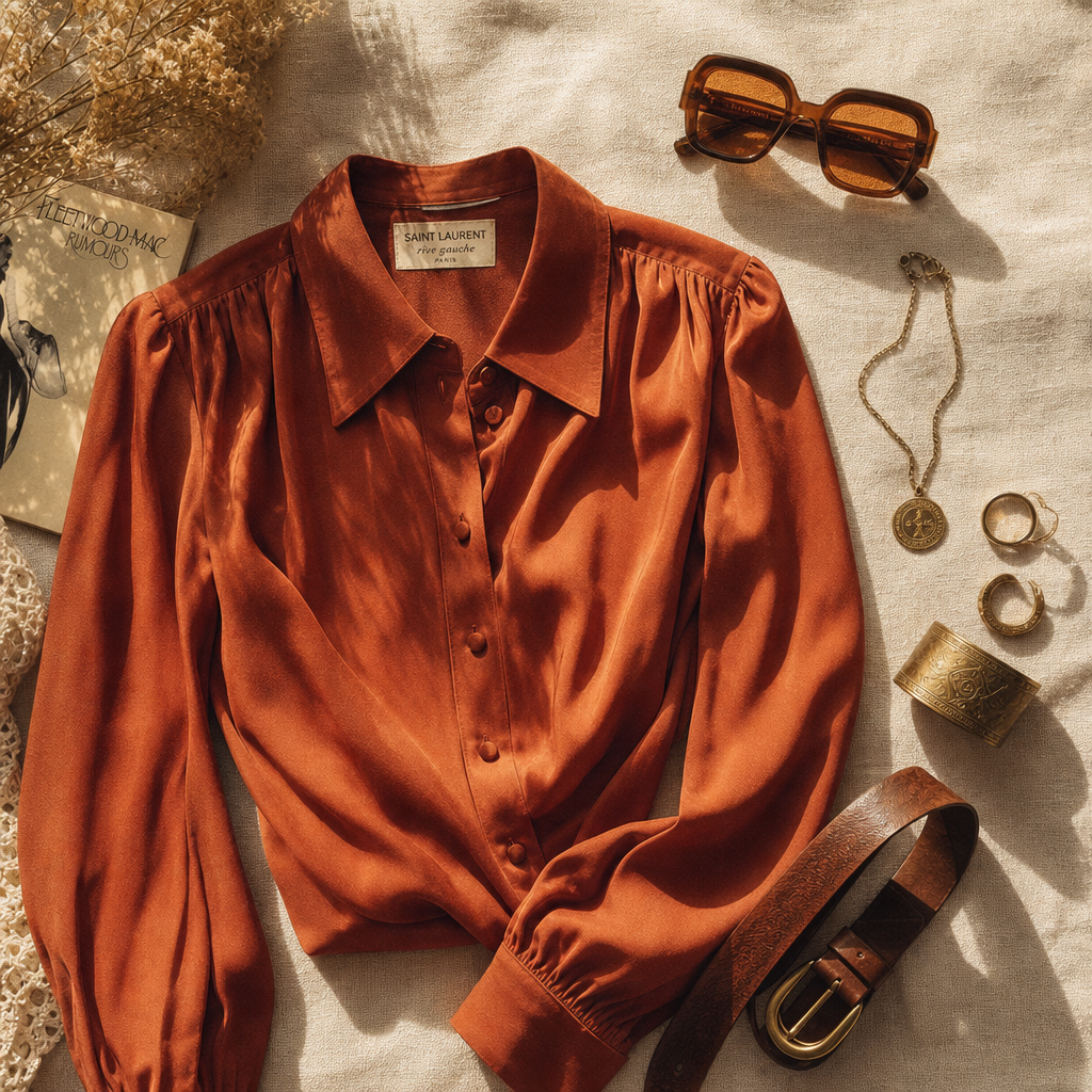 Flat lay of a burnt-orange silk blouse, brass accessories, and retro sunglasses on a textured linen surface