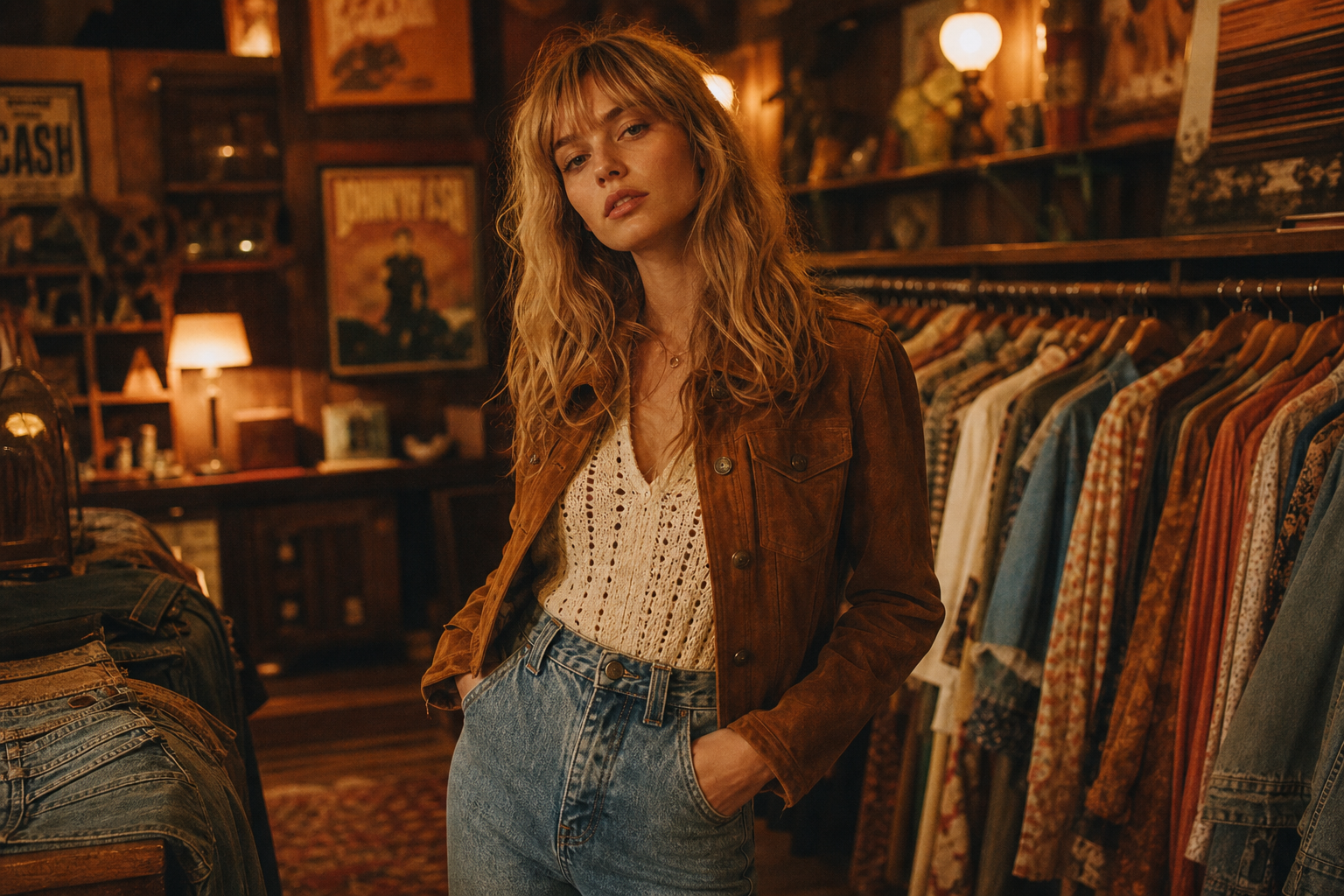 Model in a caramel suede jacket and high-waisted denim standing in a warmly lit vintage boutique