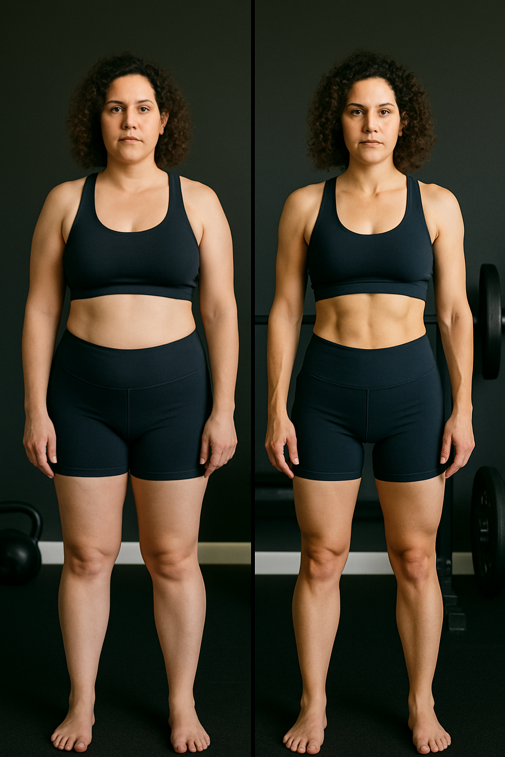 Before and after photo of a woman in her thirties showing a toned athletic transformation