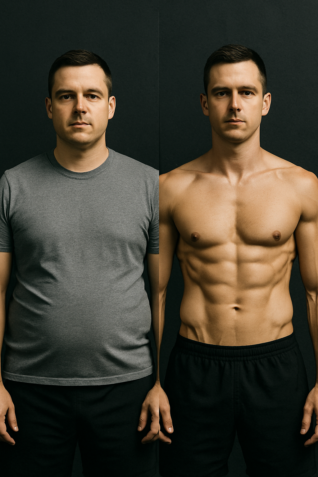 Before and after photo of a male client showing fat loss over 12 weeks