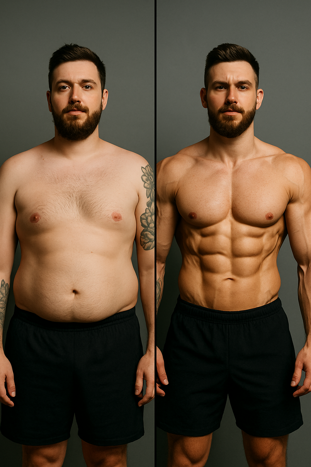 Before and after photo of a man showing body recomposition