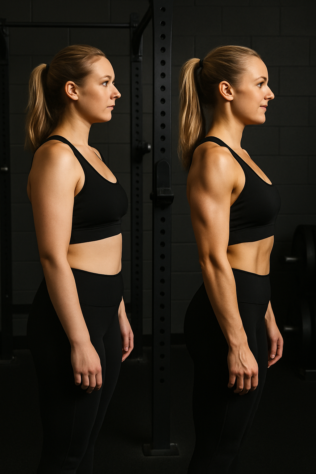 Before and after photo of a female client showing strength and muscle tone gains