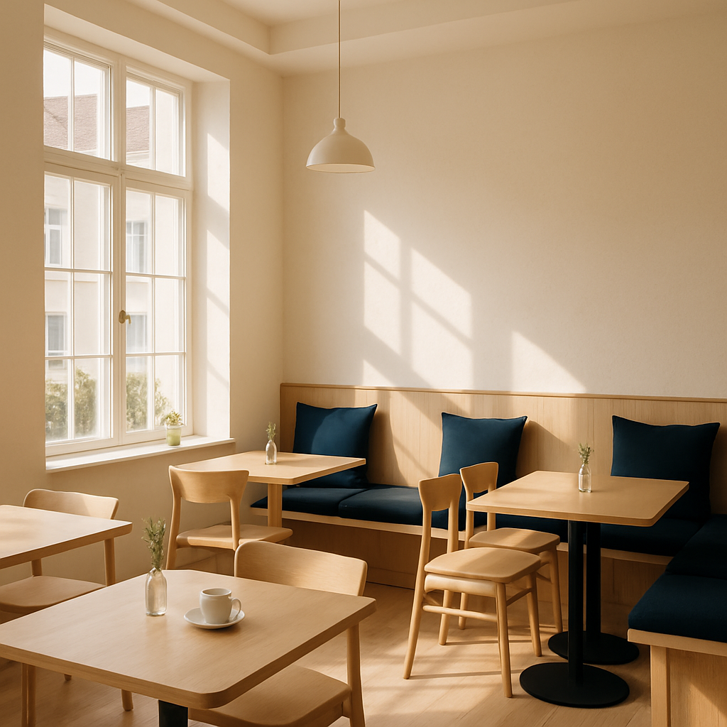Sunlit cafe interior with window seating