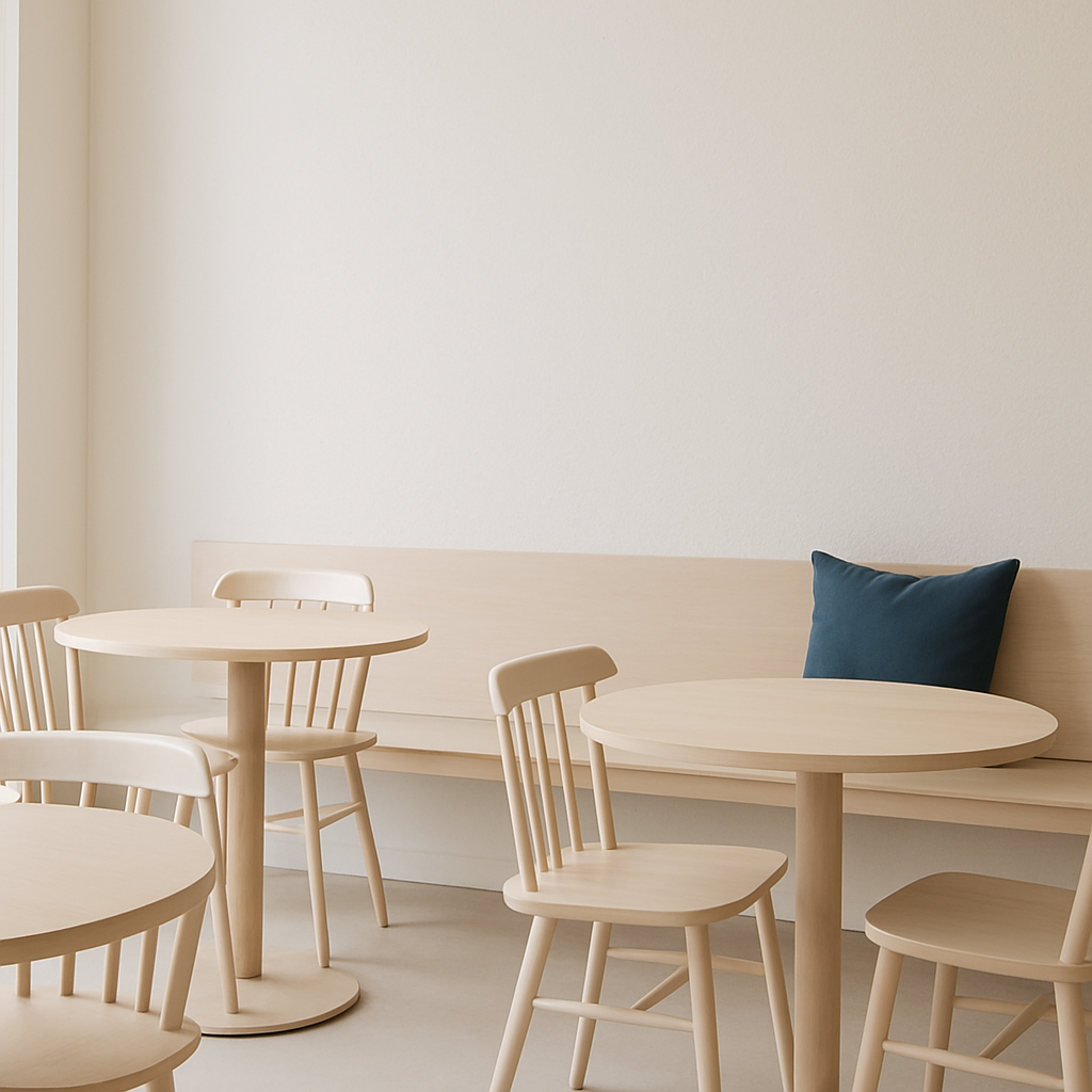 Minimal Scandinavian seating with light wood tables