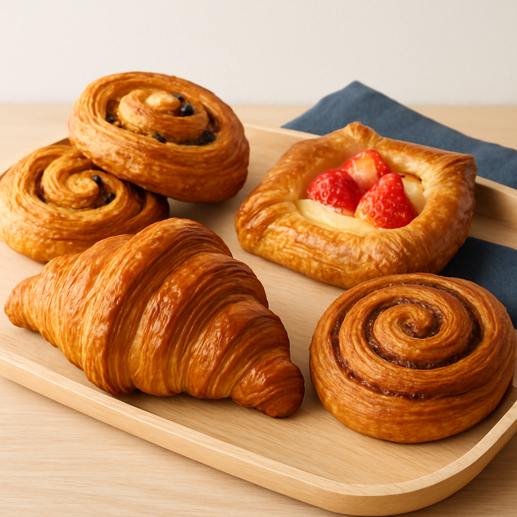 Fresh pastries on a wooden tray