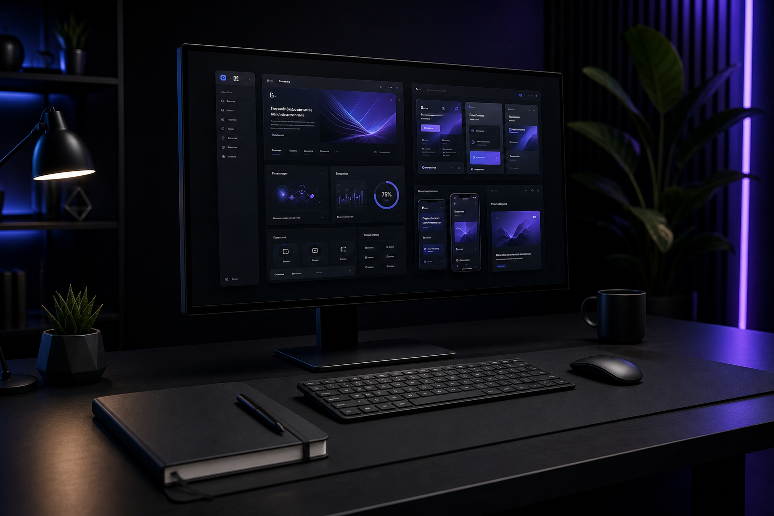 Premium dark agency dashboard with website analytics and UI mockups on a desk