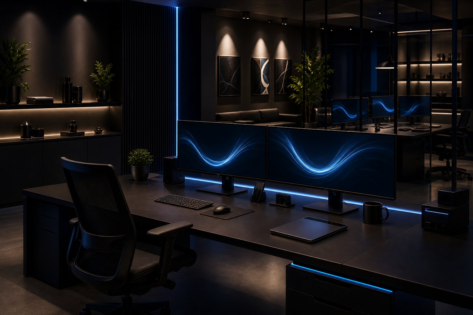 Modern digital agency studio with dark desks, wide monitors, and premium ambient lighting
