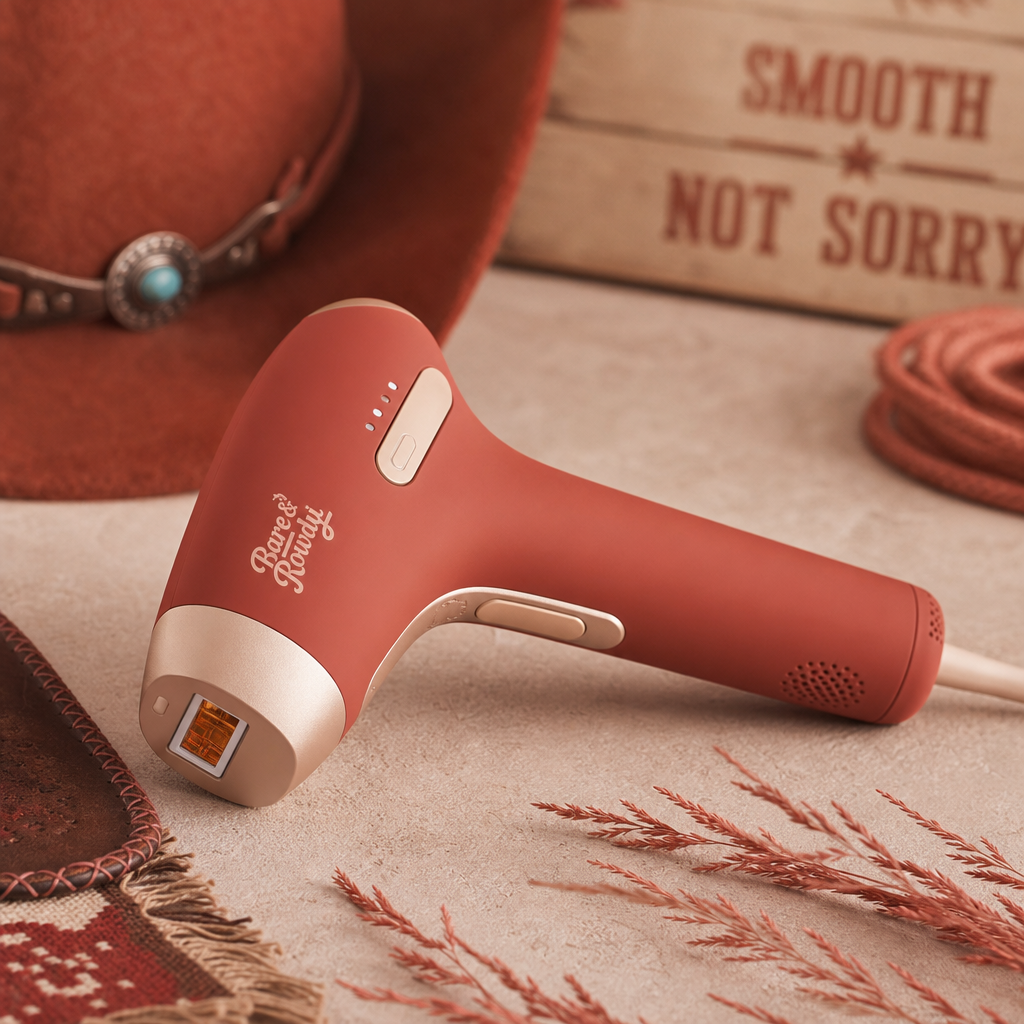 Rustic red and terracotta women’s hair removal device with a rounded ergonomic handle and soft matte finish, placed on a dusty neutral tabletop with a subtle western vibe
