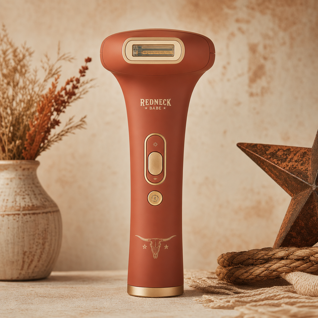 Tall matte rust-colored hair removal device with gold accent buttons and a wide treatment head
