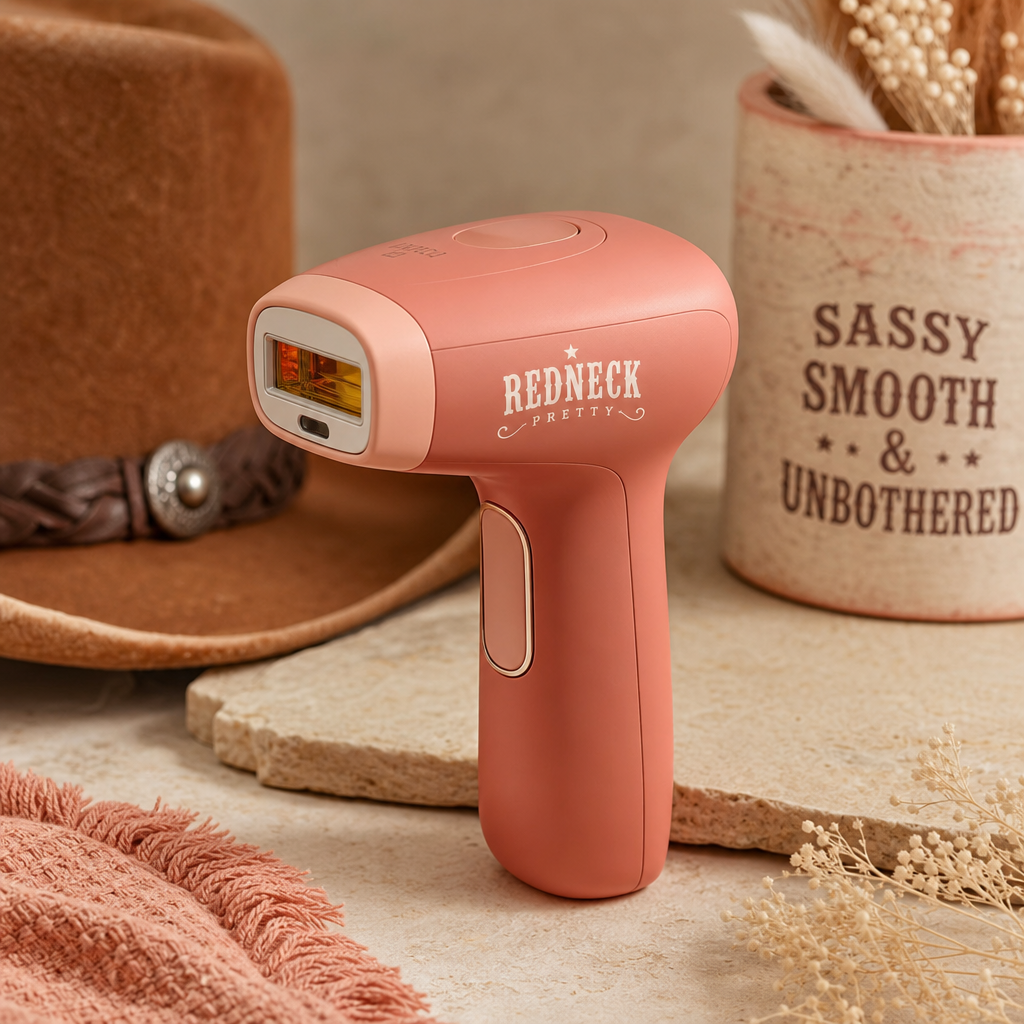 Compact blush terracotta handheld hair removal device with a matte finish and curved grip