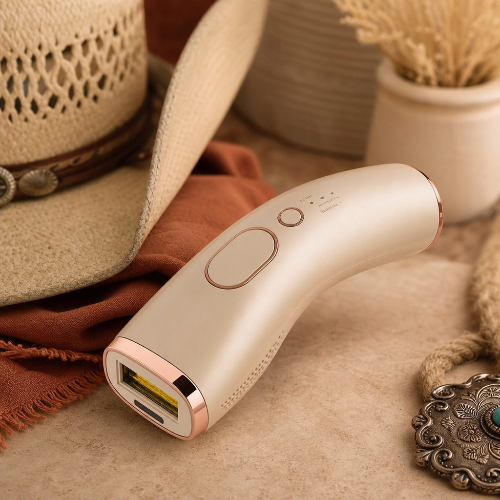 Champagne beige hair removal device with a slim profile and rose-gold trim on the head