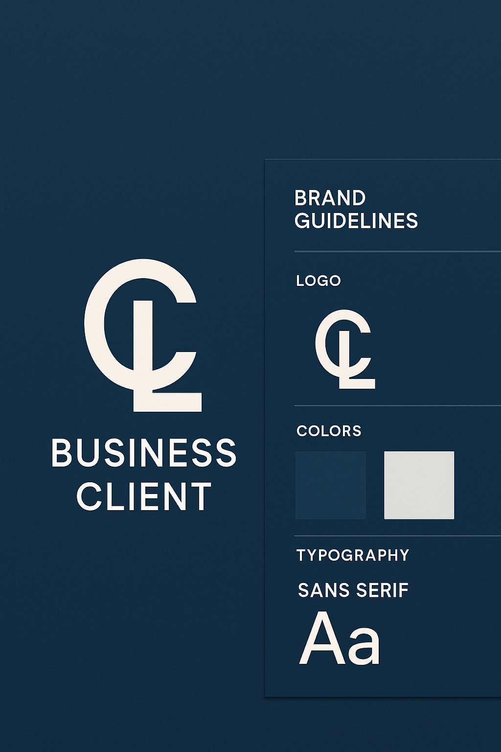 Branding asset: logo design and brand guidelines on a clean navy background for a client.