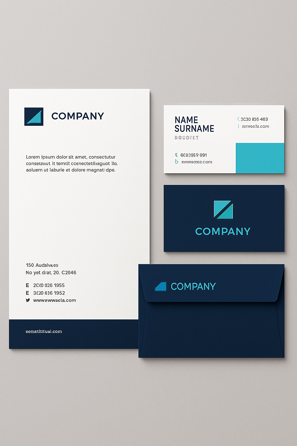 Brand kit: business card and stationery in navy and cyan, modern and professional.